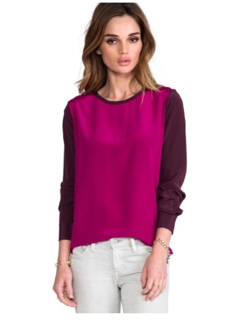 Diane Von Furstenberg Silk color block Long Sleeve Blouse in Fuchsia & Plu